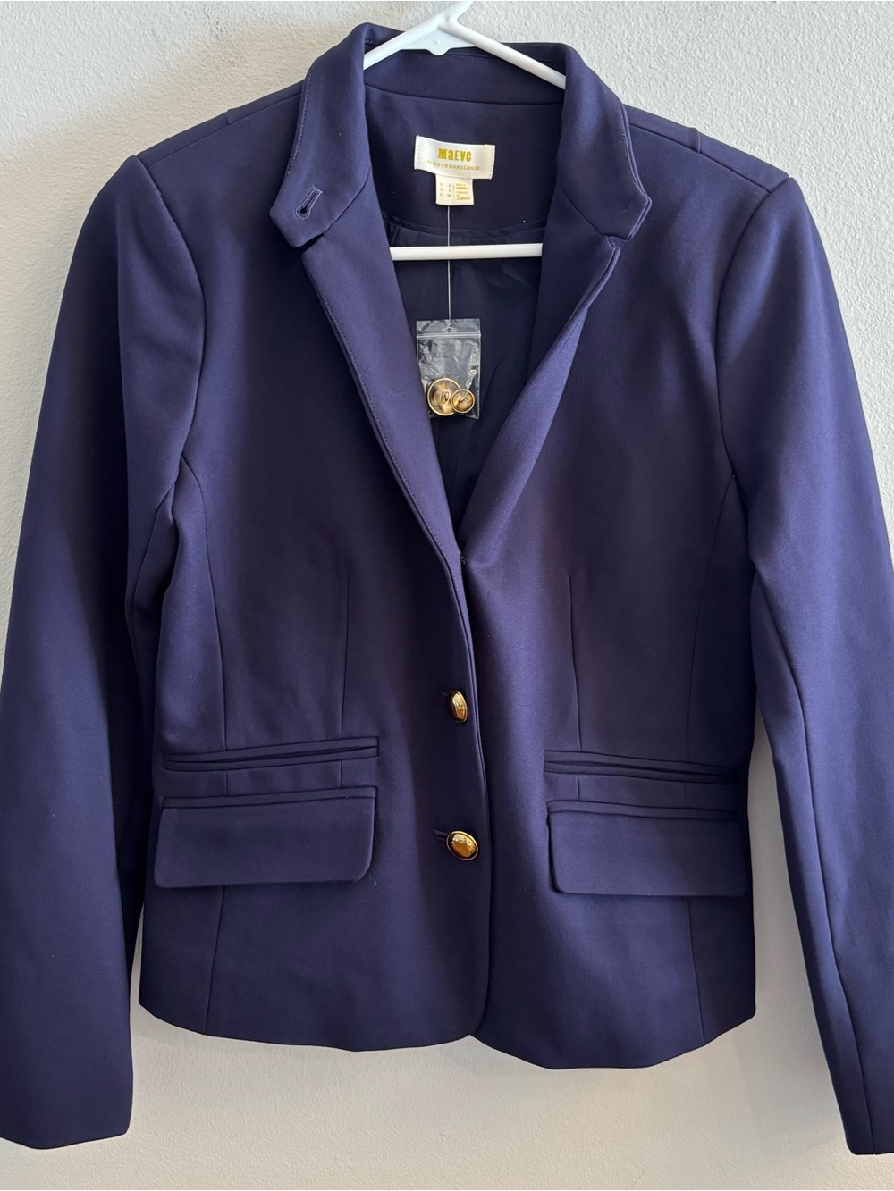 Maeve by Anthropologie Navy Blue Ponte Military Blazer Gold Buttons Size 4 NWOT